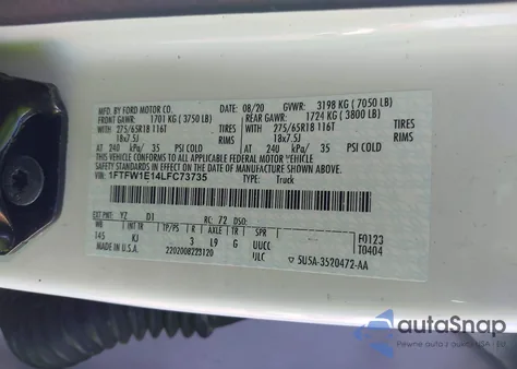 2020 Ford F-150 King Ranch z USA, uszkodzony, nr VIN 1FTFW1E14LFC73735